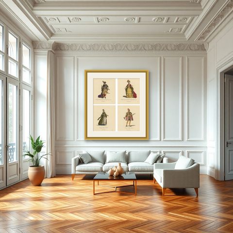 Polish Royal & Noble Costume Engravings, Hand-Colored Set of 4, 1749, shown framed in a room