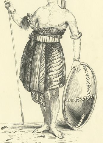 Warrior of the Island of Sawoe, Antique Wahlen Costume Print, 1843-1844, close-up 1