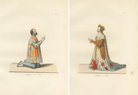 Heraldic Costumes c.1400, Antique 1845 Prints of Knight and Lady, Hand-Coloured, view 4