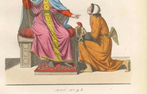 Antique 1845 Print, King and Angel in 15th Century Courtly Costume, close-up 1