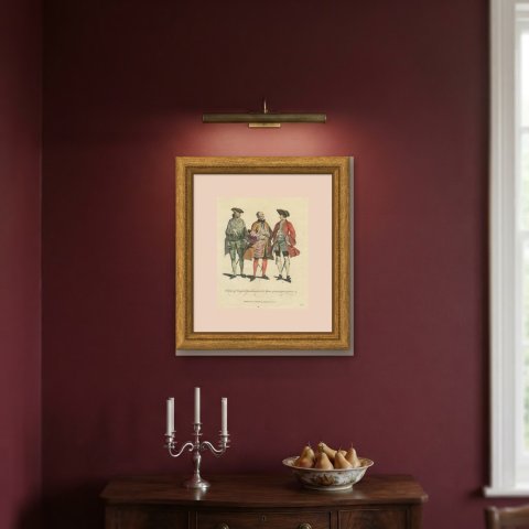 Three English Gentlemen of 1735, 1745 and 1755, Jefferys Costume Print, 1757, shown framed on a wall