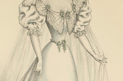 Victorian Bridal Elegance: Exquisite Wedding Gowns in Lithograph, 1889, close-up 4