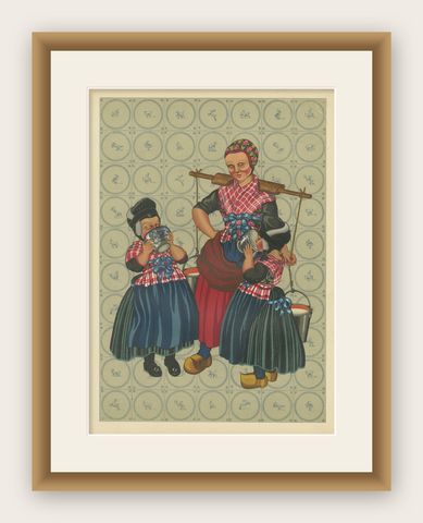 Dutch Folk Costume Print, Everyday Staphorst Dress with Children and Milkmaid, shown framed