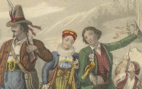Swiss and Tyrolean Costumes, Fiancés of Fribourg and Tyrolean Figures, c.1845, close-up 2