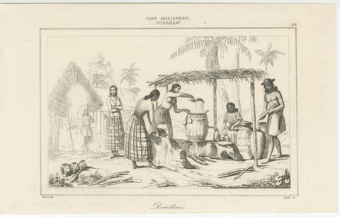 Antique Oceania Engravings, Guam Chamorro Life, Distillery and Costumes, 1836, view 2