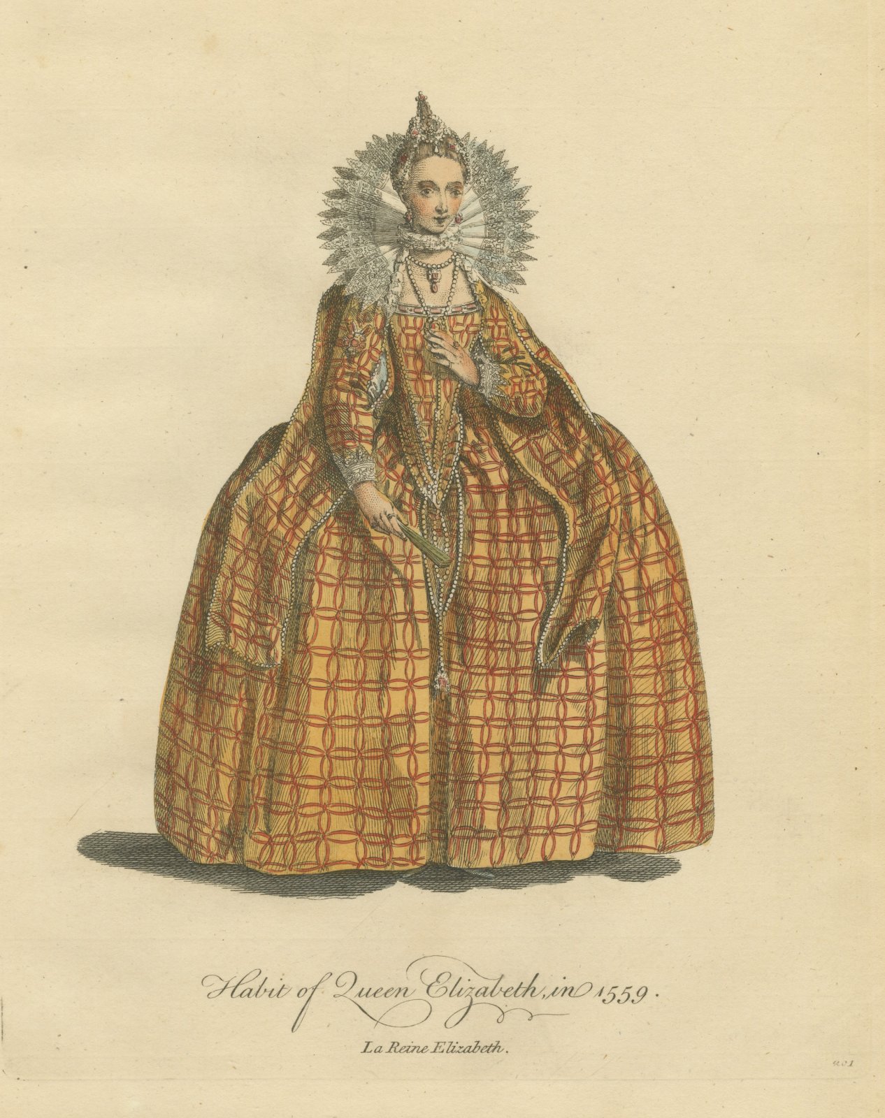 Habit of Queen Elizabeth in 1559, Hand Colored Jefferys Costume Plate, 1757