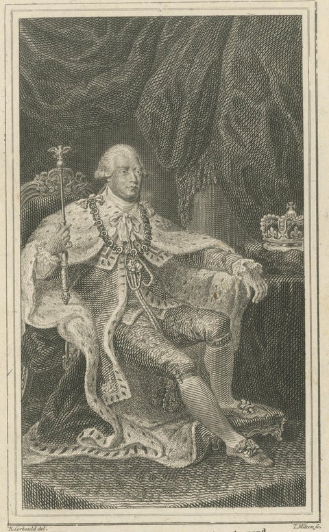 King George III in Coronation Robes, Small Antique Engraved Portrait, c.1780, close-up 1