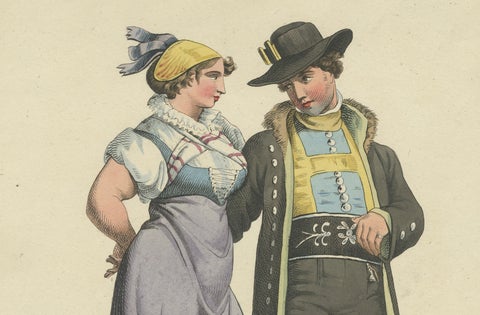 Upper Austria Folk Costume Couple, Antique Lithograph, Trentsensky c.1825, close-up 2