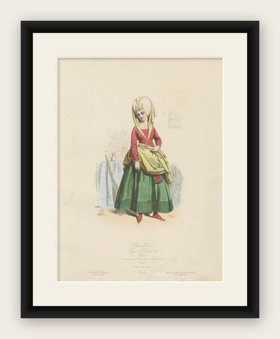 Antique French Costume Print of Medieval Chambermaid, Hand-Colored, 19th Century, shown framed