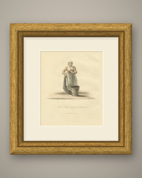 Maid Servant washing the Pavement, Dutch Cleanliness, Antique Print, 1817, shown framed