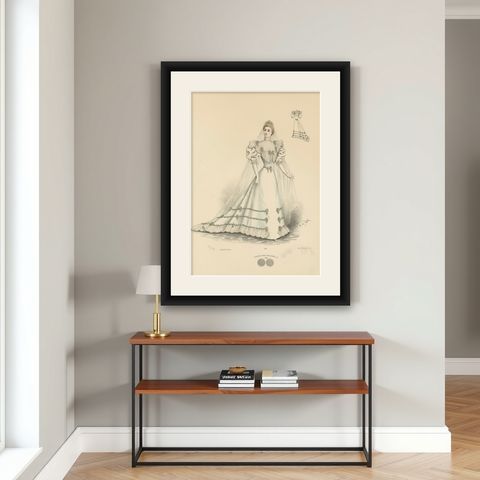 Victorian Bridal Elegance: Exquisite Wedding Gowns in Lithograph, 1889, shown framed on a wall
