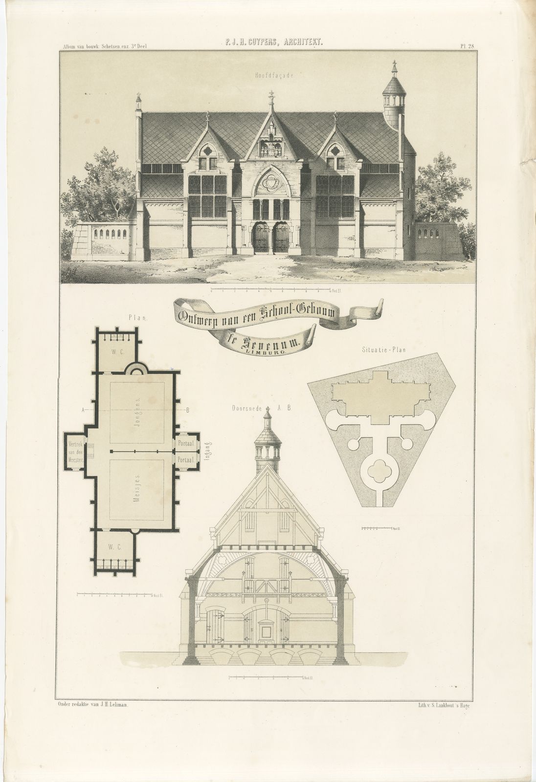 Cuypers Gothic School, Limburg, Dutch Architecture Print, Leliman, 1865-1866, view 2