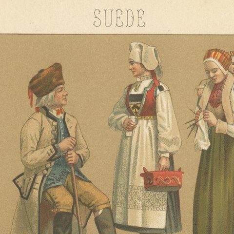 Pl. 128 Antique Print of Swedish Costumes of Racinet, 'circa 1880', close-up 1