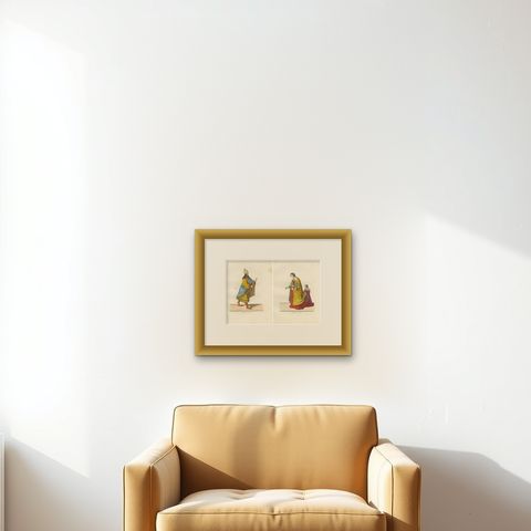 15th Century Costumes, Antique Print of Noble Figures, Published 1845, shown framed on a wall
