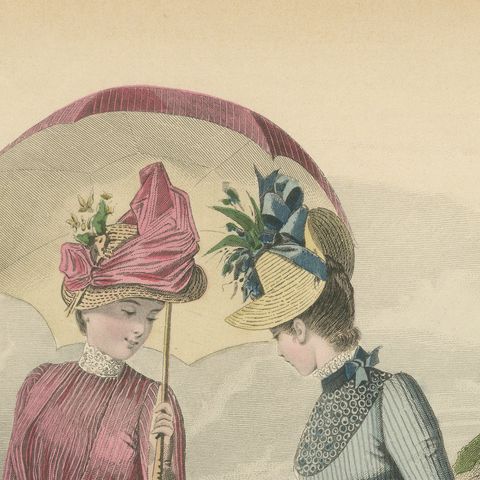 Antique French Fashion Plate, Seaside Ladies with Parasol & Child, c.1880, close-up 1