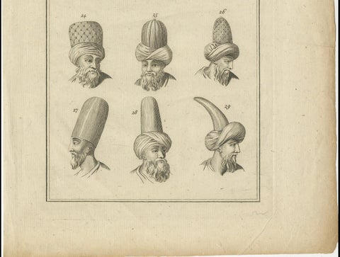 Antique Ottoman Turban Study, 18th Century Costume Headgear Engraving, ca.1774, close-up 5