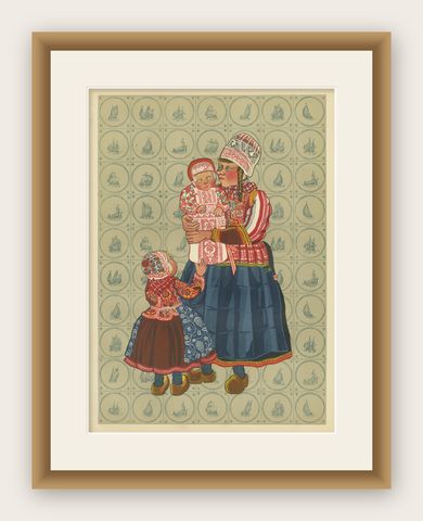 Dutch Women and Infant Traditional Dress from Marken, Old Costume Print, 1932, shown framed