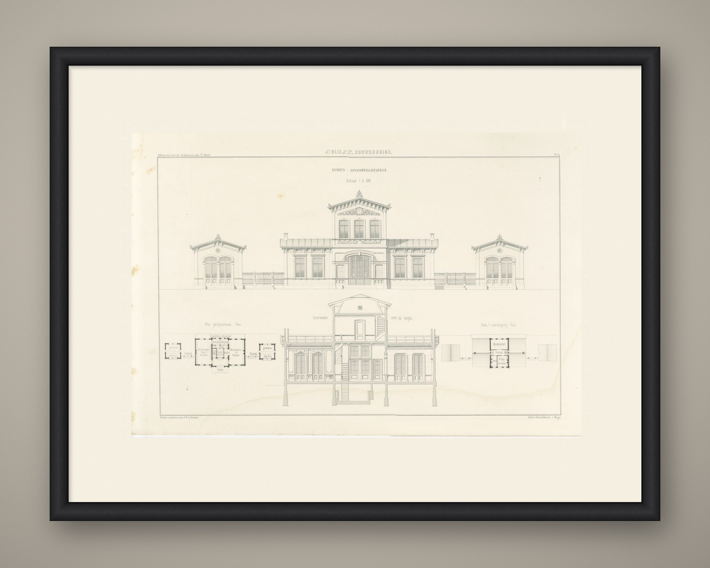 Village Railway Station, Waarden, Dutch Architecture Print, Leliman, 1865-1866, shown framed