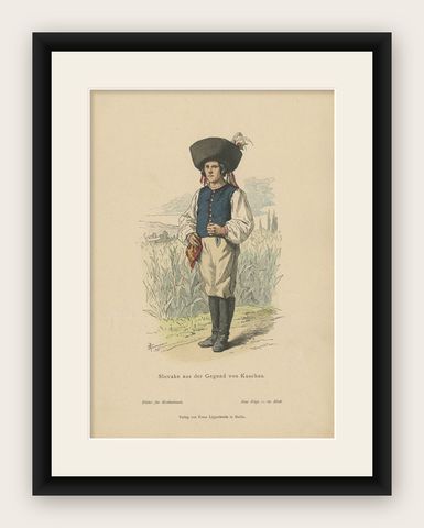 Antique Costume Print of a Slovake from the Region of Košice, ca 1880, shown framed