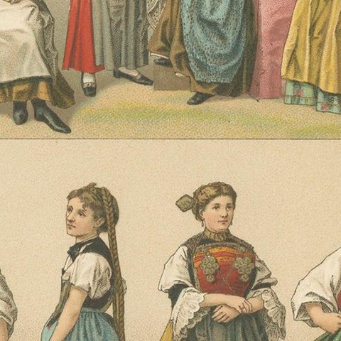 Antique Print of Swiss Women's Dresses by Racinet, circa 1880, close-up 2