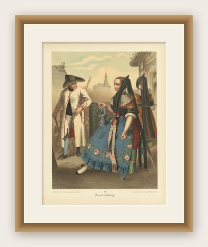 Antique Costume Print 'Braunschweig' in Germany, 1890, shown framed