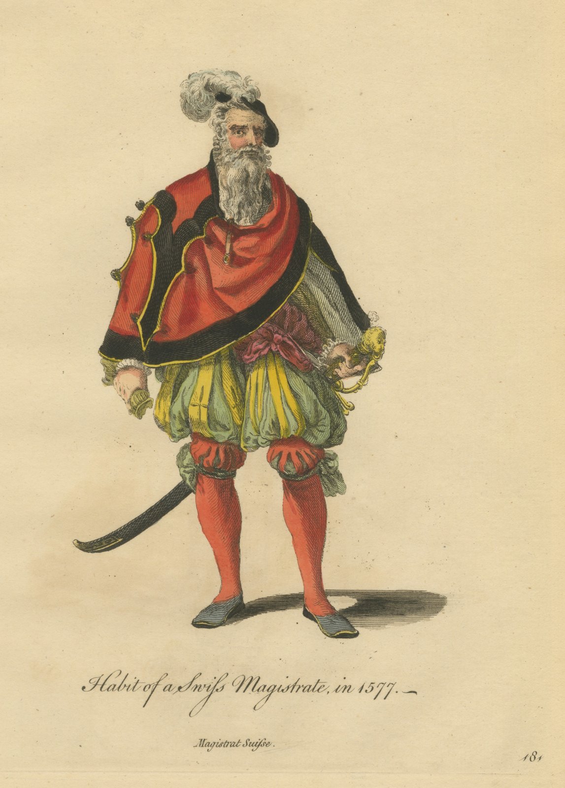 Swiss Magistrate in Red Cape with Curved Sword, Costume of 1577, Jefferys 1757
