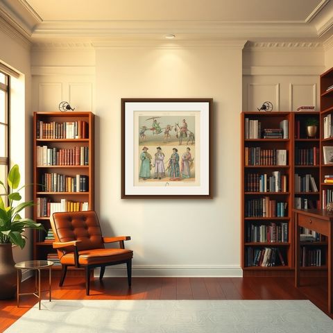 Pl. 57 Antique Print of Asian Costumes by Racinet, 'circa 1880', shown framed in a room