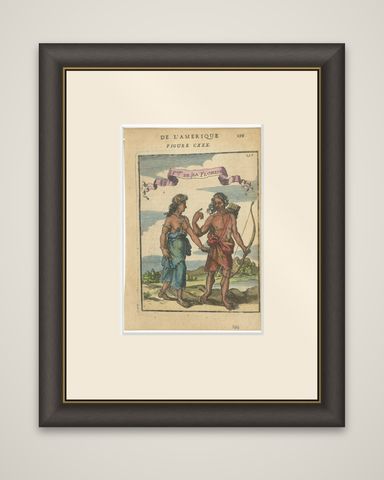 Florida Indians, Couple in Traditional Dress, Mallet America Engraving, 1683, shown framed