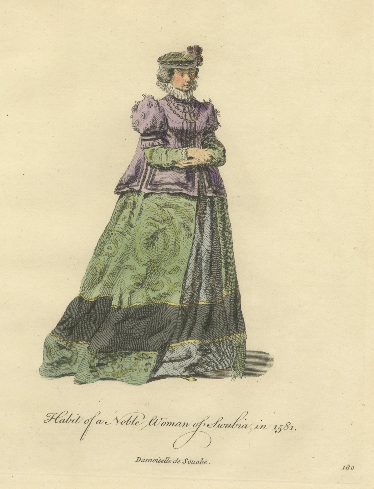 Noblewoman of Swabia in Purple Jacket and Green Skirt, Costume of 1581, 1757