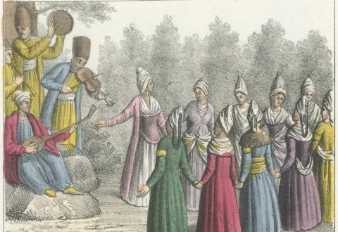 A Dance of Turkish Women and a Room for Work and Meals, Lithograph, 1842, close-up 1