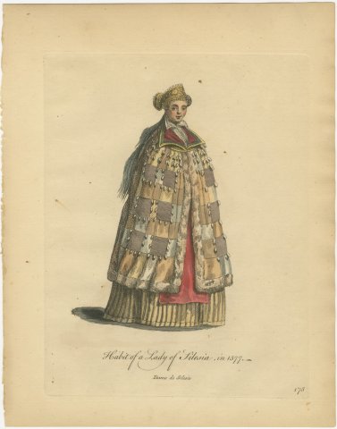 Lady of Silesia in Patchwork Fur Cloak and Gold Headdress, Costume of 1577, 1757, view 2