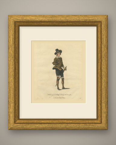 Habit of Sir Philip Sidney in 1580, Hand Colored Jefferys Costume Plate, 1757, shown framed