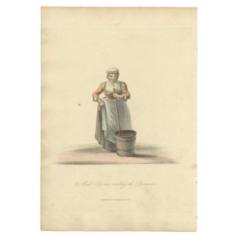 Old Hand-Colored Print of a Maid Servant in Holland, Washing the Pavement, 1817, view 2