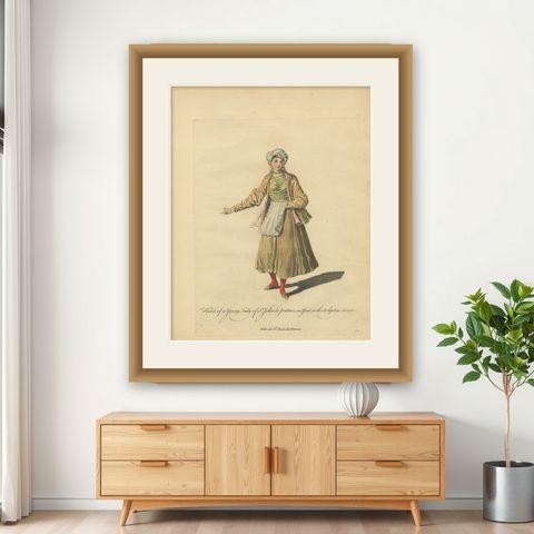 Antique Costume Print Young Lady of St John of Patmos Jefferys, 1749, shown framed on a wall