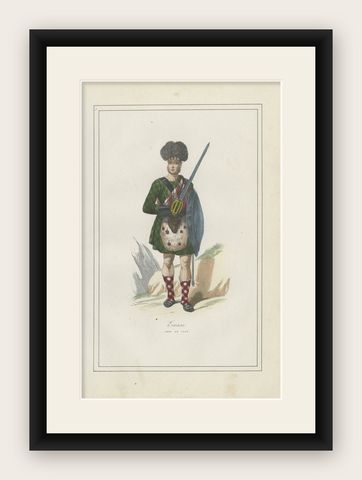 Antique Costume Print of Scottish Clan Chief in Highland Dress, 1854, shown framed