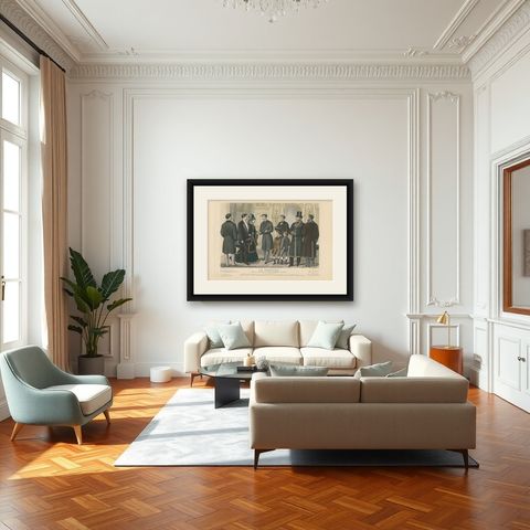 Antique Men Fashion Print of the 19th Century, shown framed in a room
