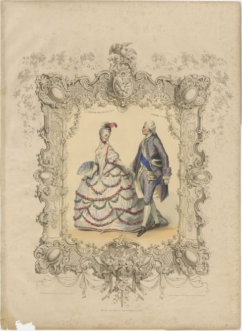Louis XV & Madame de Pompadour Rococo Court Costume Lithograph, 1847, view 2
