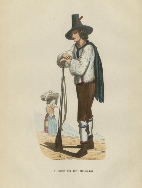 Tyrolean Hunter from the Ziller Valley - Antique Costume Lithograph, c.1852, close-up 1