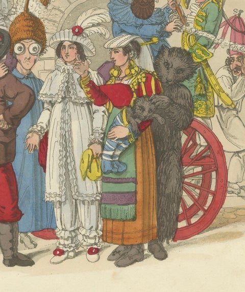 Roman Carnival Costumes & Festivity - 1820 Etching of Celebration, close-up 4