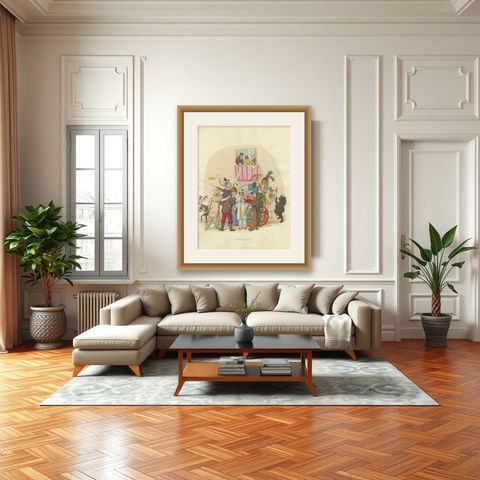 Roman Carnival Costumes & Festivity - 1820 Etching of Celebration, shown framed in a room