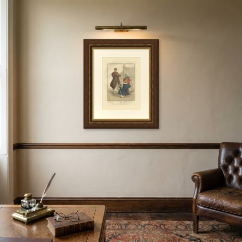 Fisherman and Wife mending the Net, Dutch Costume Print, 1811, shown framed on a wall