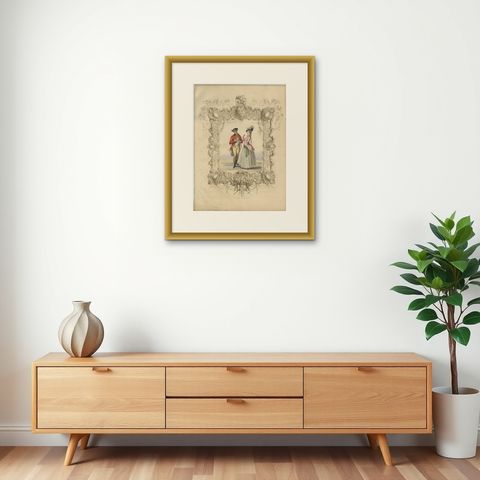 Louis XVI French Rococo Court Costume Lithograph, 1775, Published 1847, shown framed on a wall