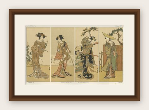 Antique Japanese Costume Print: Four Elegant Women in Edo-Period Kimono, 1882, shown framed