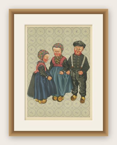 Dutch Children in Traditional Staphorst Dress with Delfts Blue Tile Background, shown framed