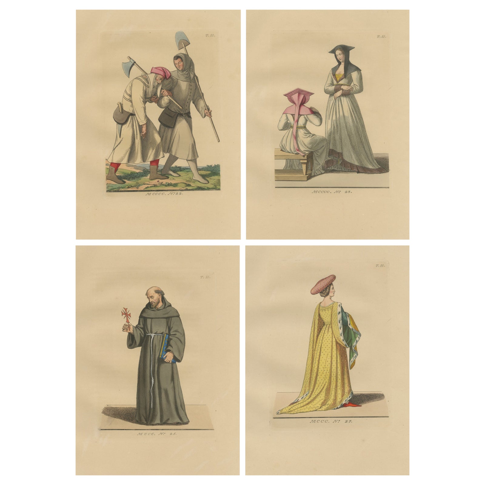 Medieval Court, Clergy & Peasants, 4 Antique Costume Prints, Bonnard 1845
