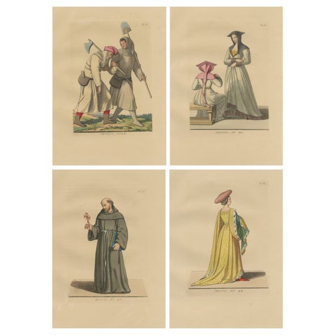 Medieval Court, Clergy & Peasants, 4 Antique Costume Prints, Bonnard 1845