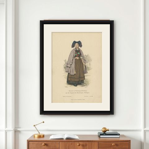 Antique Costume Print of a Farmer's Wife from Thuringia, Germany, c.1880, shown framed on a wall