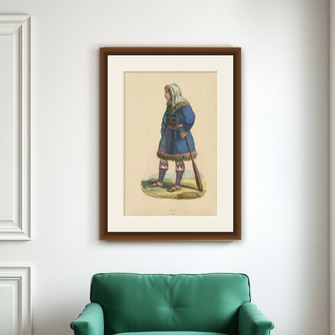 Antique Costume Print of a Kureck Woman by Wahlen, 1843, shown framed on a wall