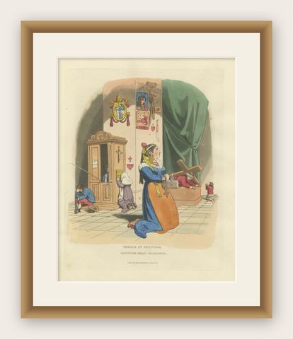 Costume Print: Woman at Devotion, Near Florence, 1820s Hand-Colored Engraving, shown framed
