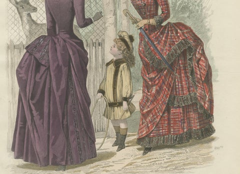 French Fashion Print, Tartan Dress & Child at Zoo, Hand-Colored, c.1887, close-up 5